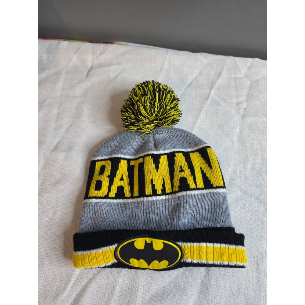 DC Comics Batman Knit Beanie Pom Pom Hat Grey Black Yellow Superhero